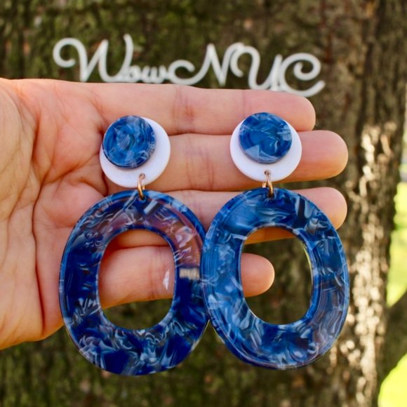 New Chunky Oval Layered‎ Acrylic Dangle Earrings - Picture 1 of 11